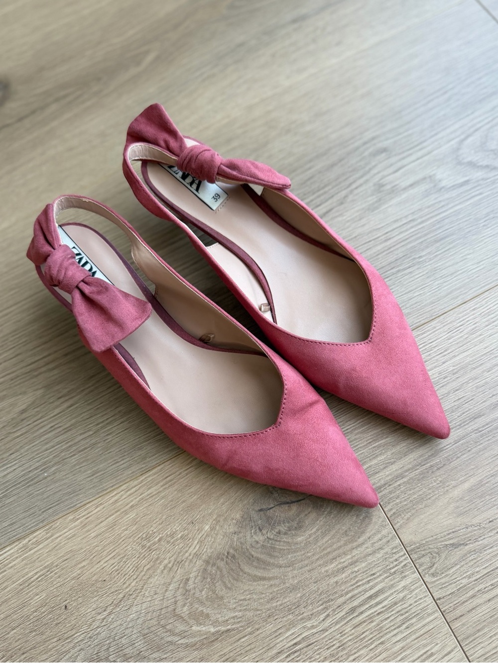 Zara Pink Bow Pointed Toe Slingback Kitten Heels EU 39